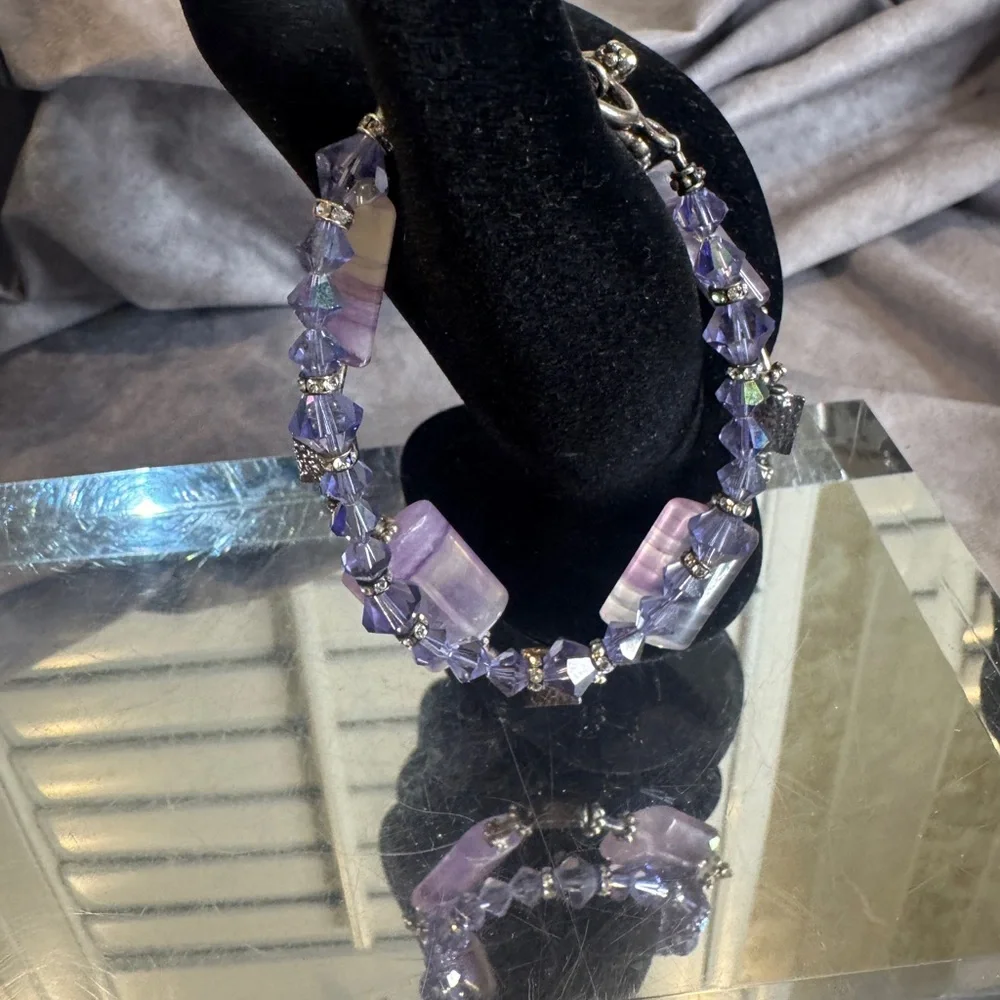 Sterling silver‎ 925 Purple and Silver Beaded Bracelet Set Gorgeous!!